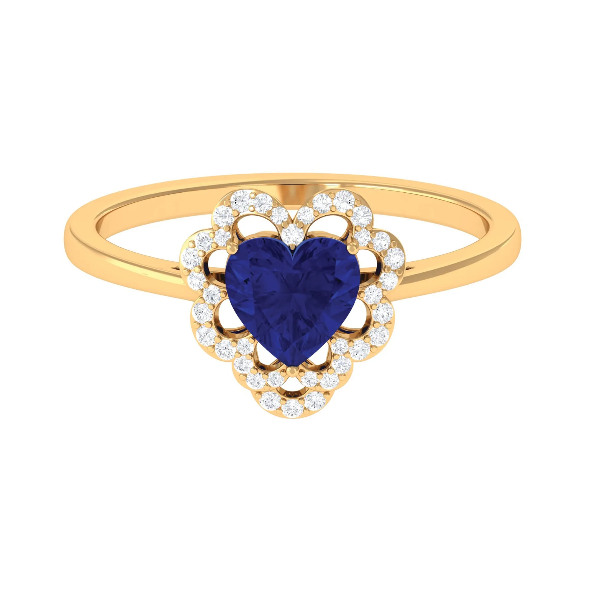 1 CT Heart Lab Created Blue Sapphire Designer Engagement Ring with Diamond