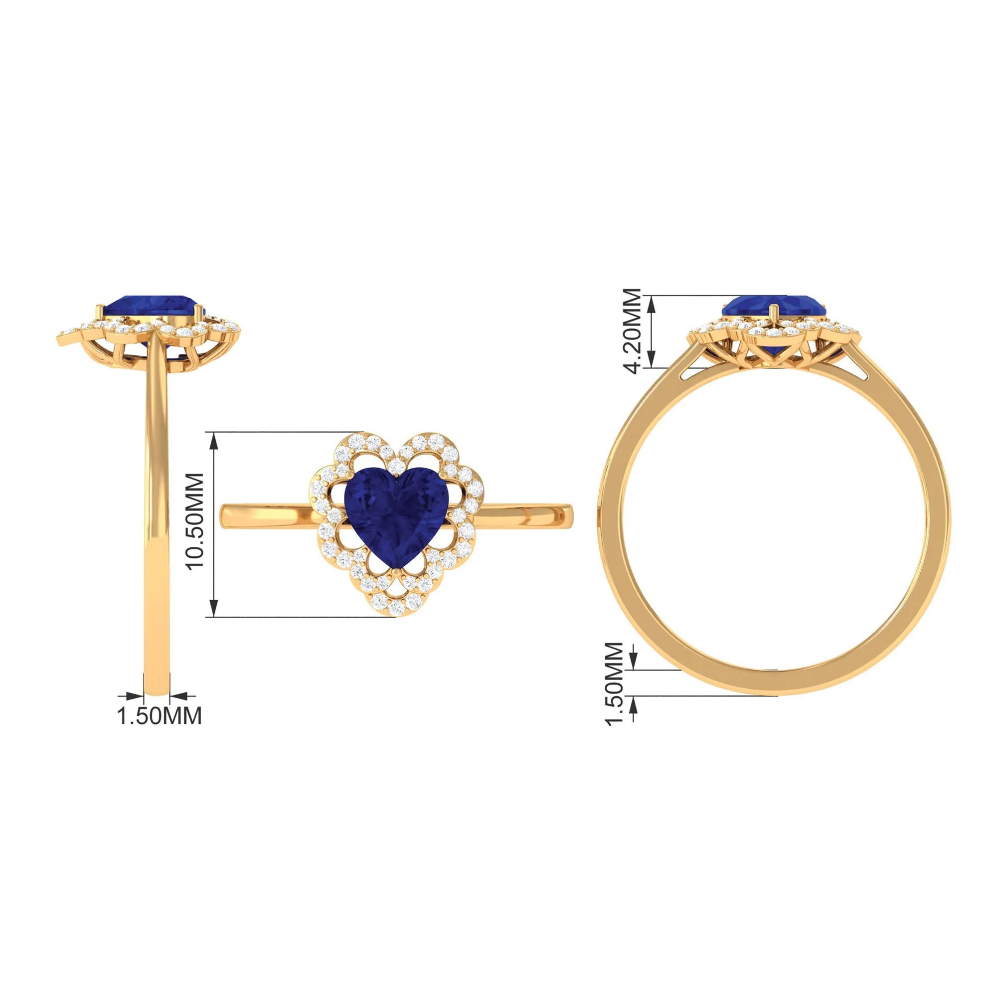 1 CT Heart Lab Created Blue Sapphire Designer Engagement Ring with Diamond