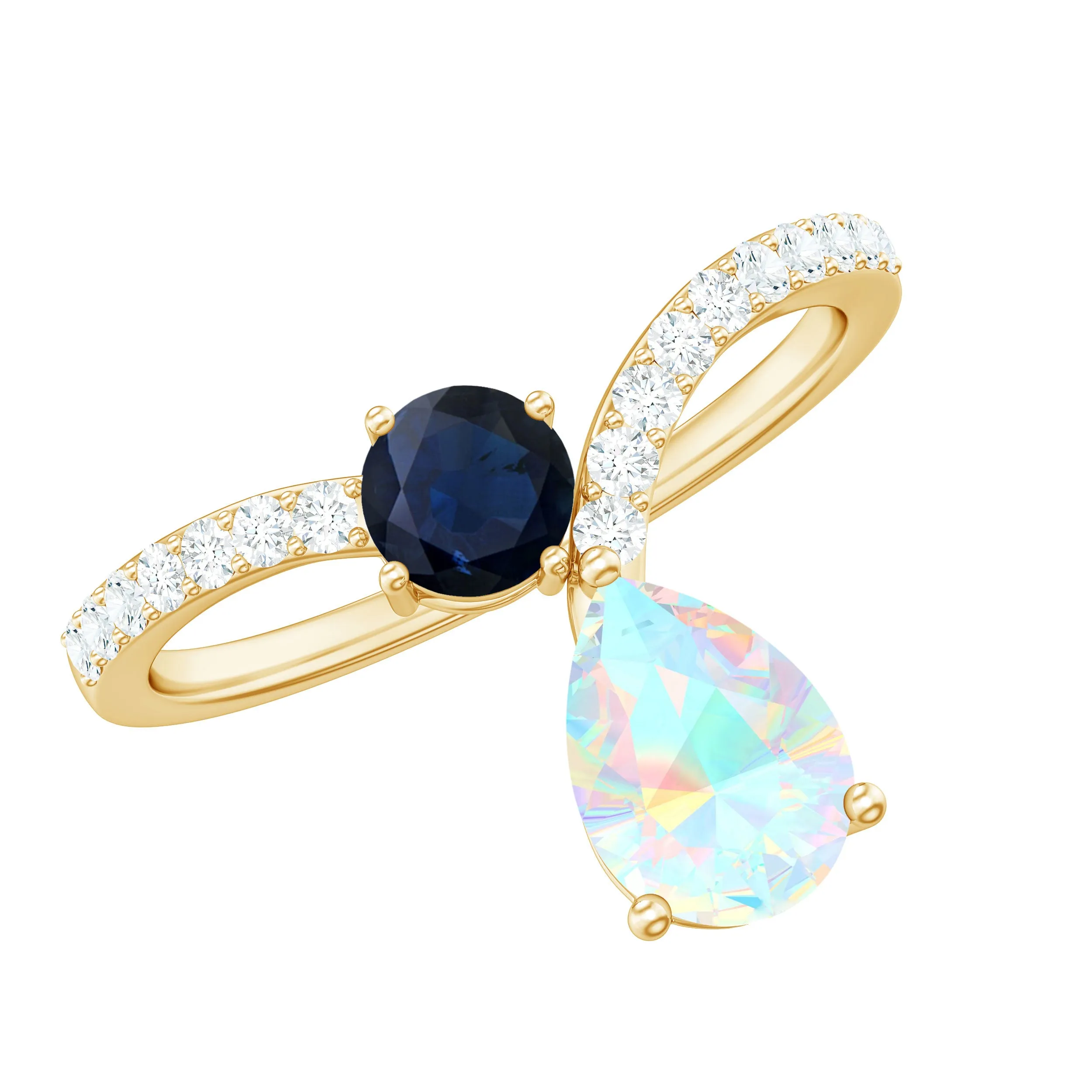 1.25 CT Blue Sapphire and Ethiopian Opal Minimal Chevron Ring with Moissanite