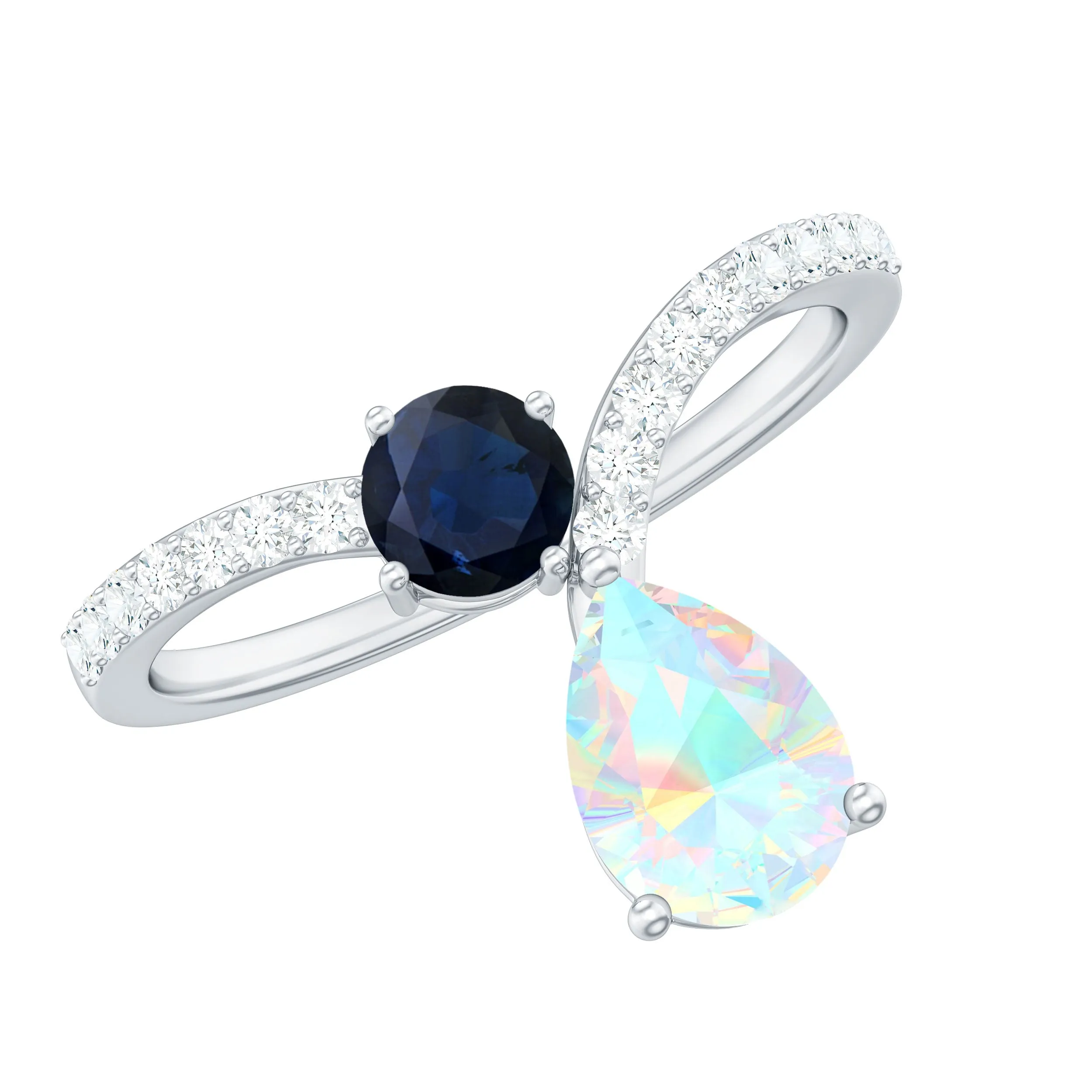 1.25 CT Blue Sapphire and Ethiopian Opal Minimal Chevron Ring with Moissanite