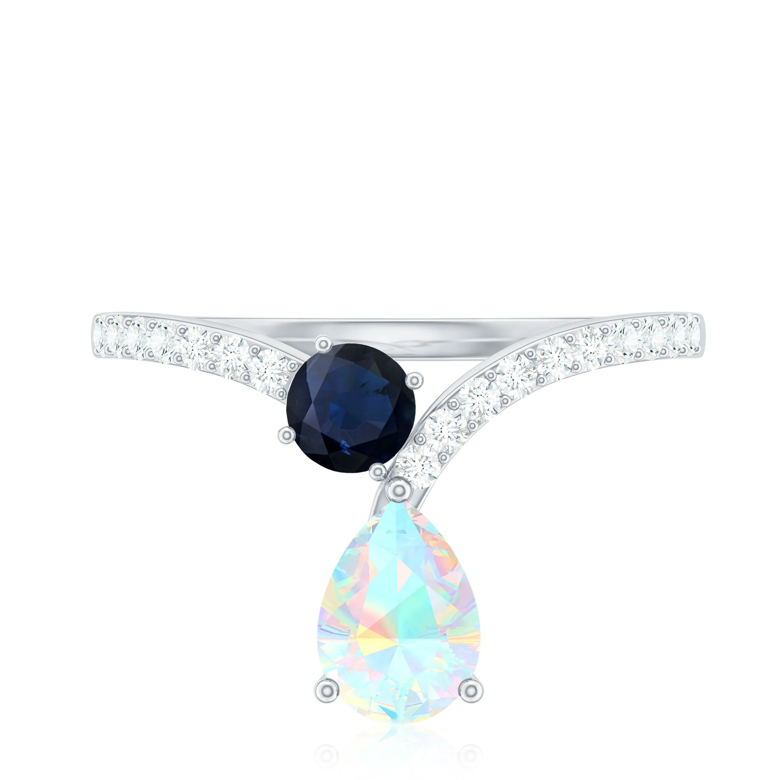 1.25 CT Blue Sapphire and Ethiopian Opal Minimal Chevron Ring with Moissanite