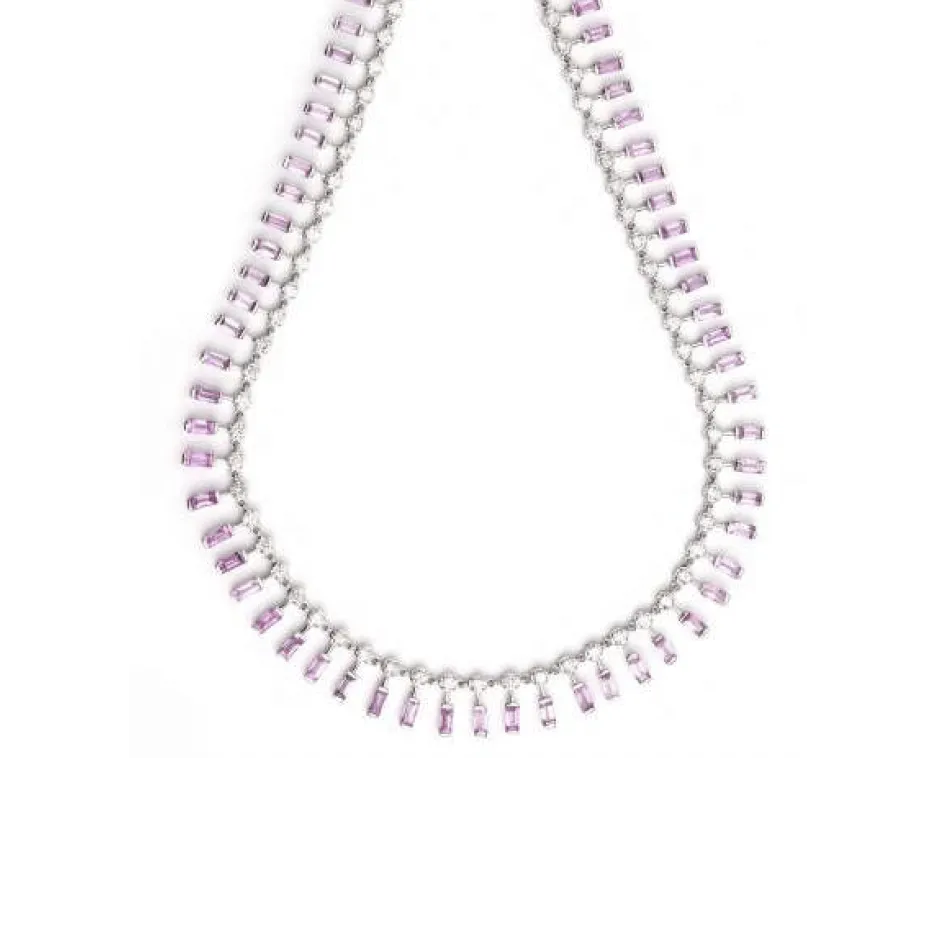 14 & 18K Diamond & Pink Sapphire Baguette Necklace