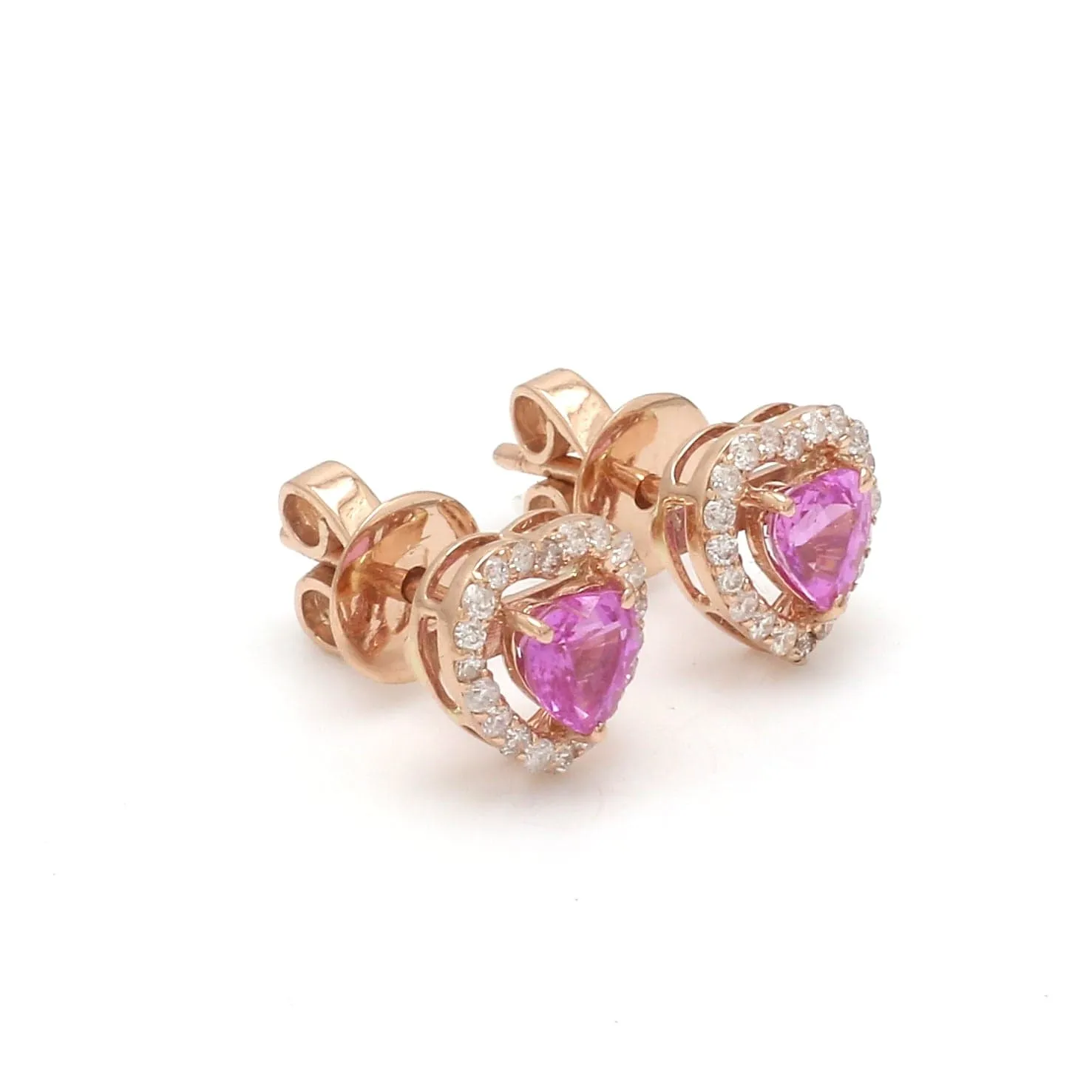 14K & 18K Gold Pink Sapphire Heart and Halo Diamond Stud Earrings