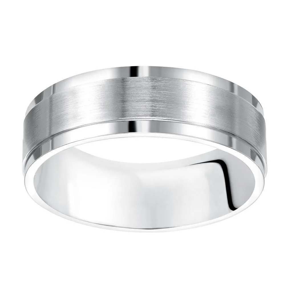 14k White Gold Brushed Center Men’s Wedding Band with Polished Step Edges - 7mm