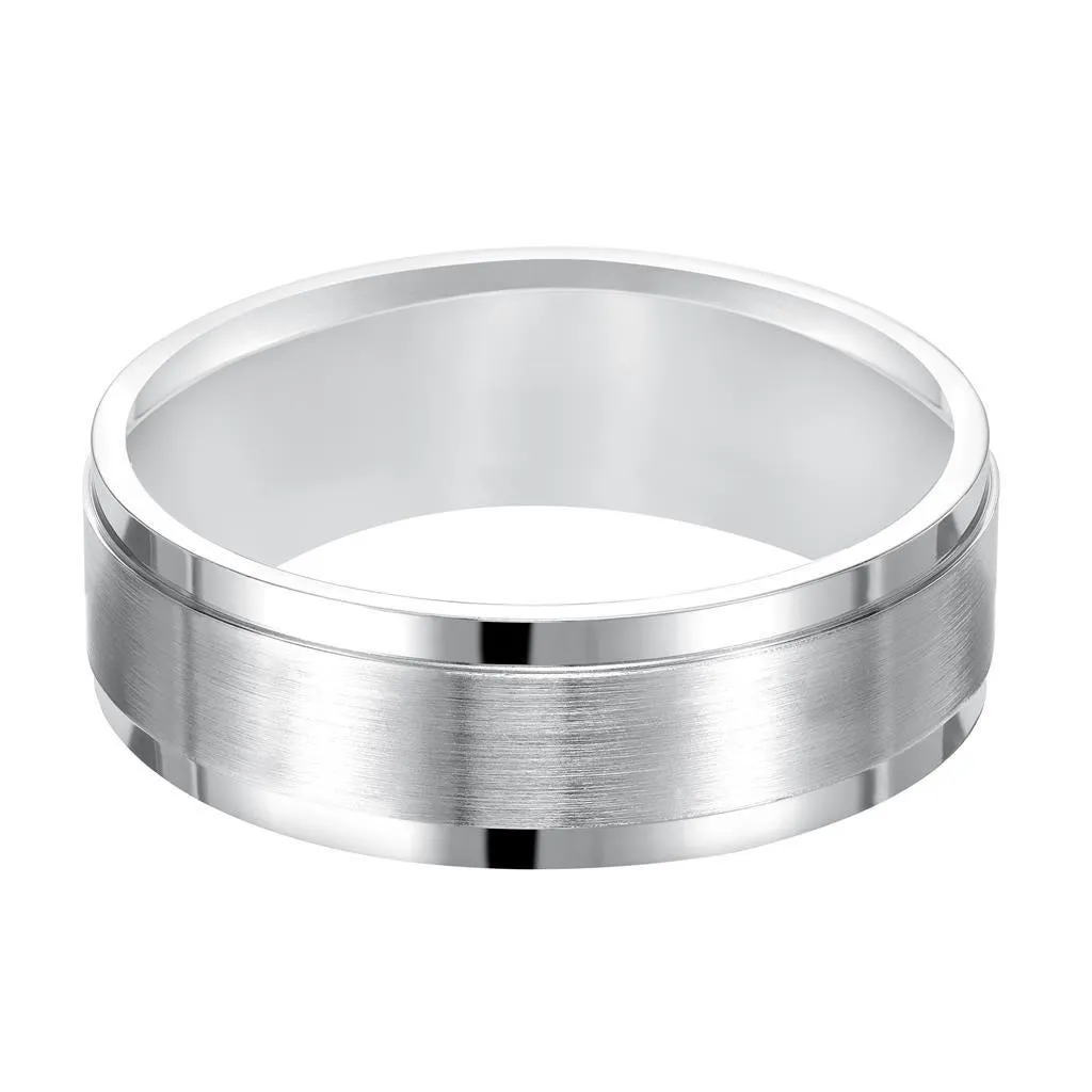 14k White Gold Brushed Center Men’s Wedding Band with Polished Step Edges - 7mm