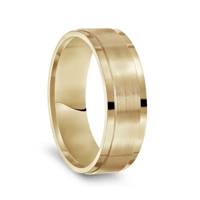 14k Yellow Gold Brushed Center Men’s Wedding Band with Polished Step Edges - 7mm