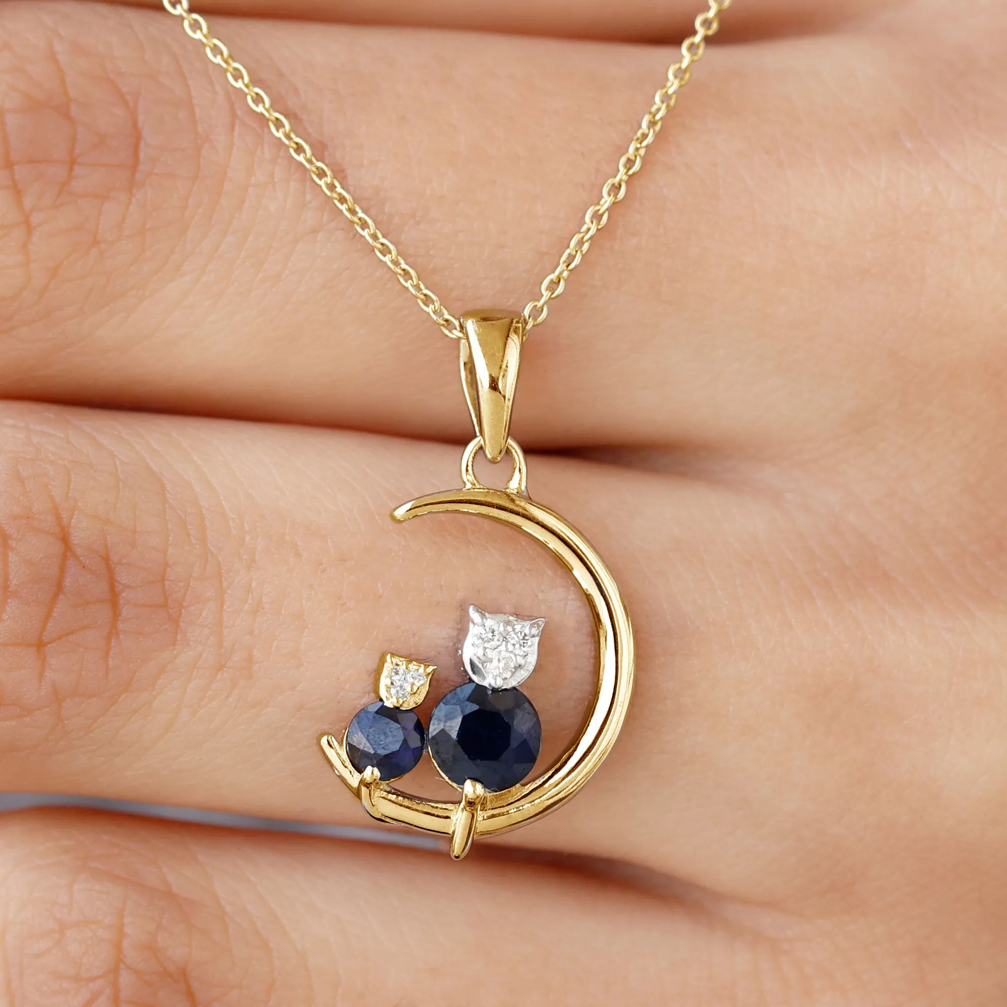 1.5 CT Blue Sapphire and Diamond Cat Moon Pendant Necklace