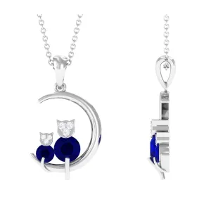 1.5 CT Blue Sapphire and Diamond Cat Moon Pendant Necklace