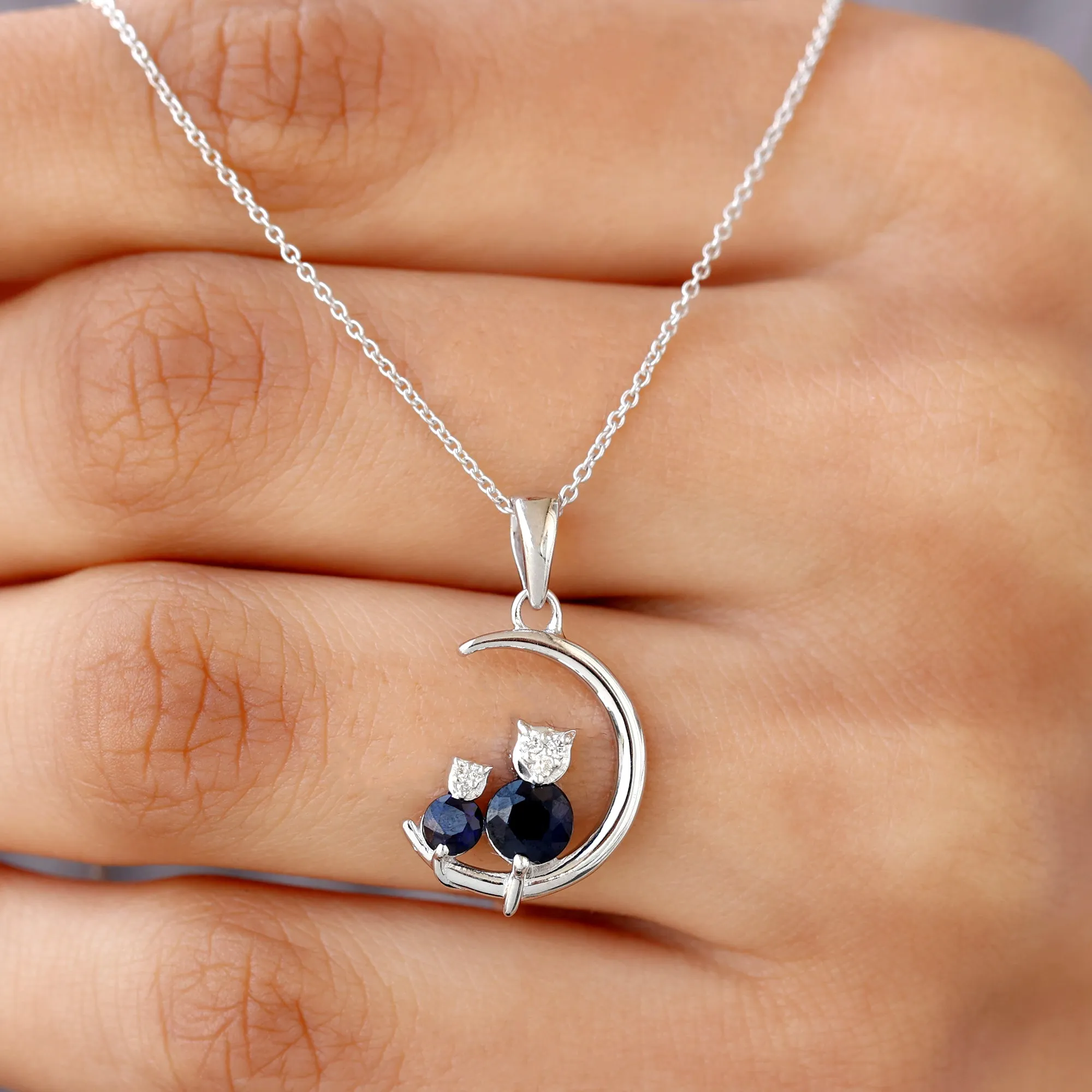 1.5 CT Blue Sapphire and Diamond Cat Moon Pendant Necklace