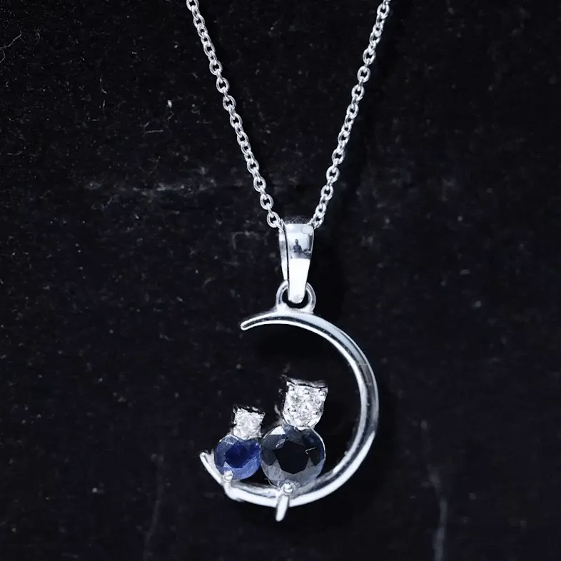 1.5 CT Blue Sapphire and Diamond Cat Moon Pendant Necklace