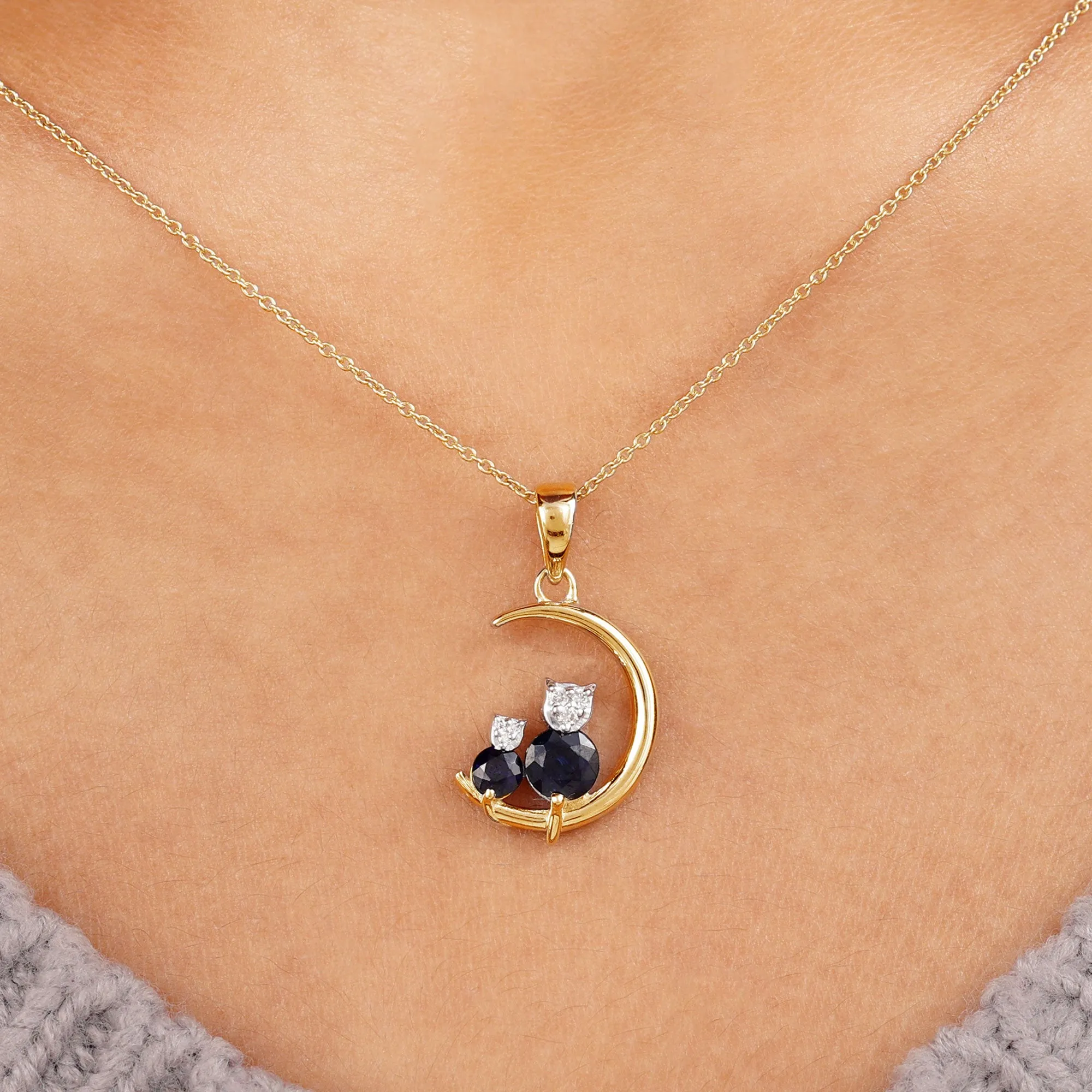 1.5 CT Blue Sapphire and Diamond Cat Moon Pendant Necklace