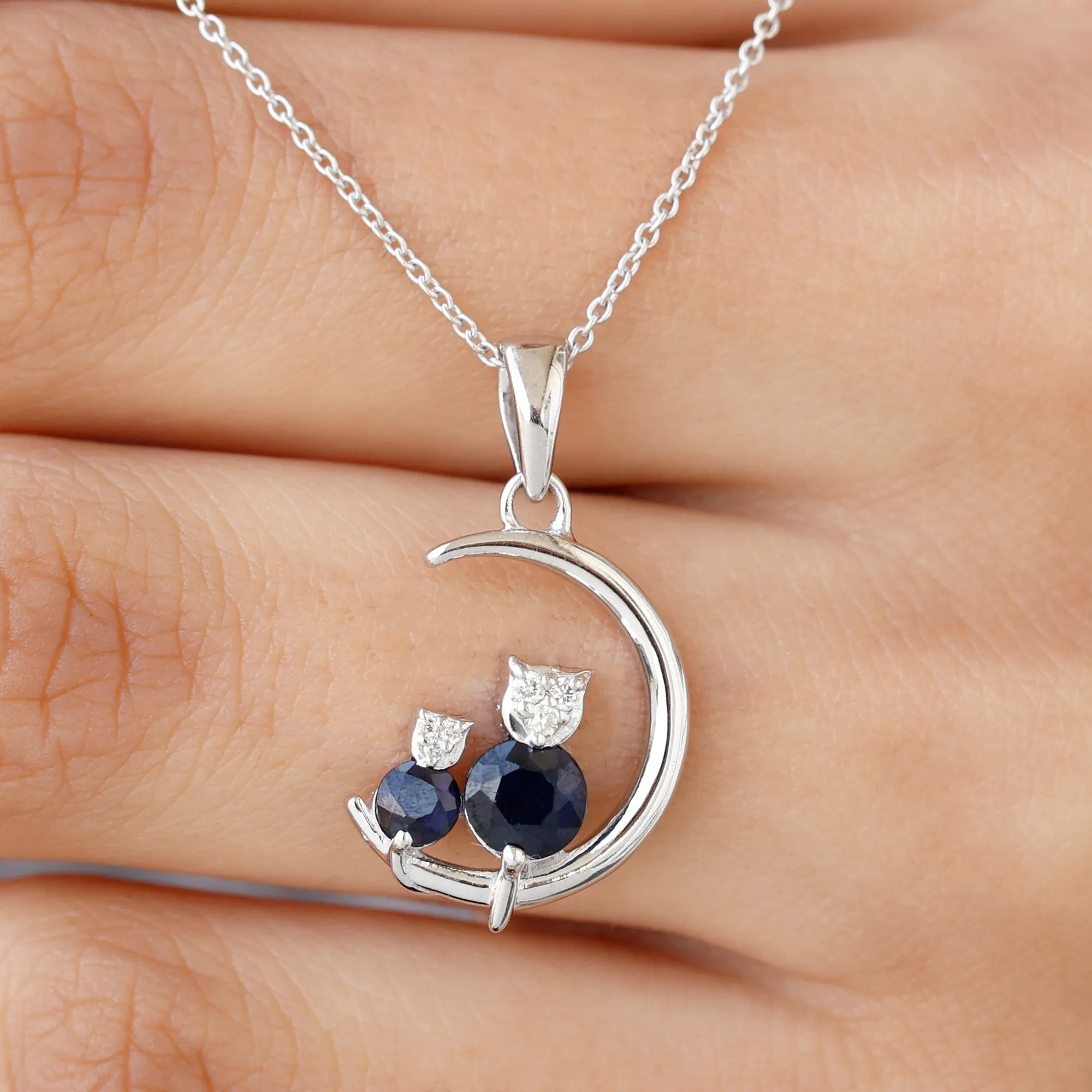 1.5 CT Blue Sapphire and Diamond Cat Moon Pendant Necklace