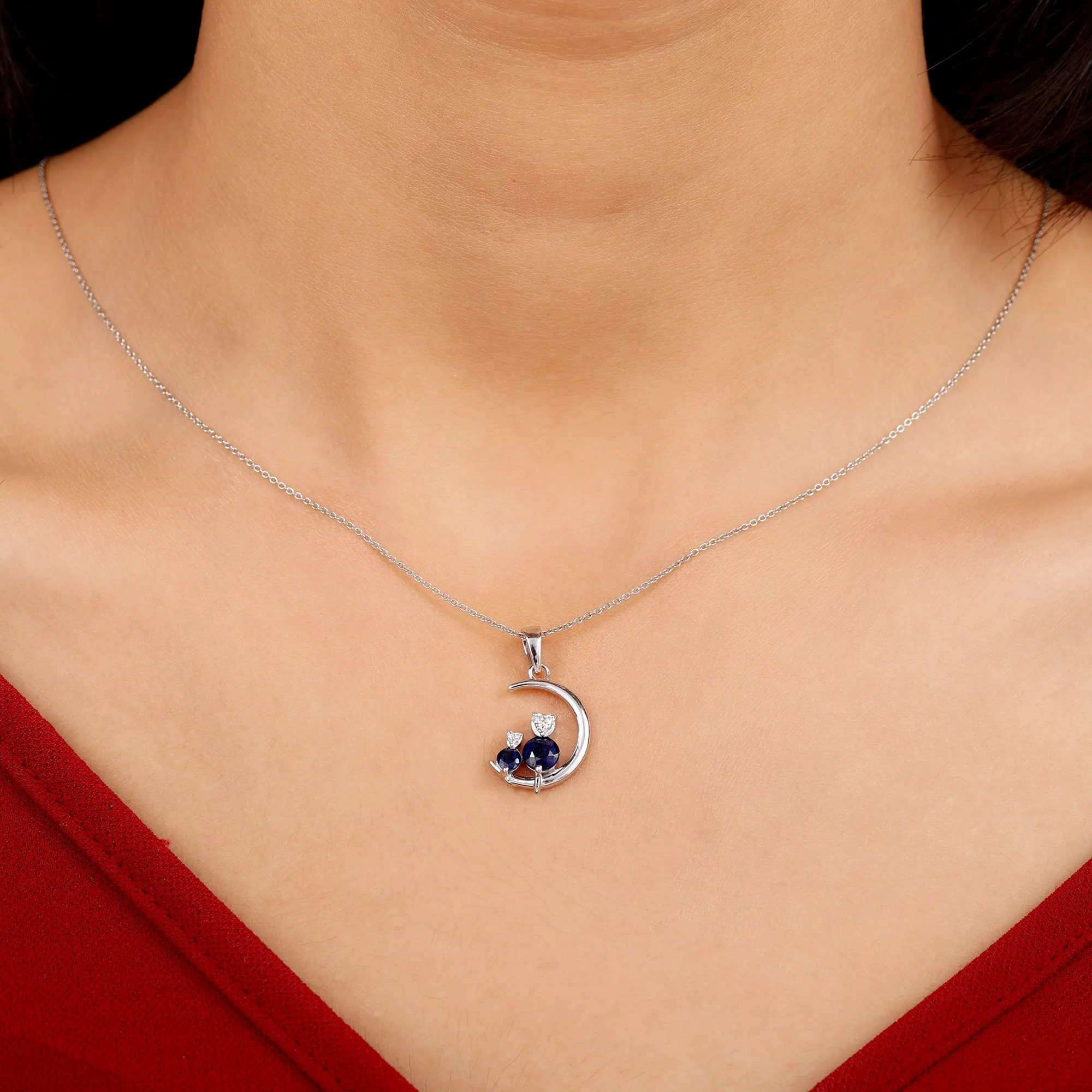 1.5 CT Blue Sapphire and Diamond Cat Moon Pendant Necklace