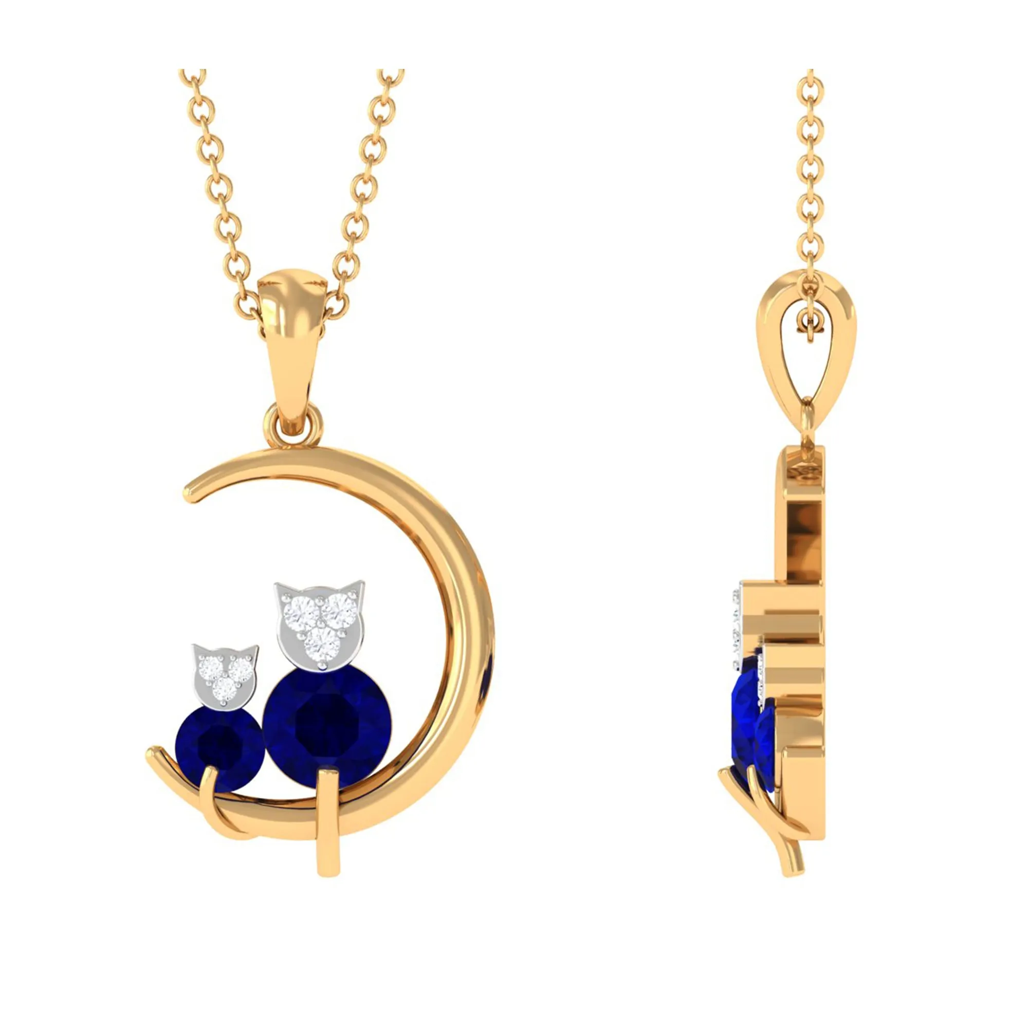 1.5 CT Blue Sapphire and Diamond Cat Moon Pendant Necklace