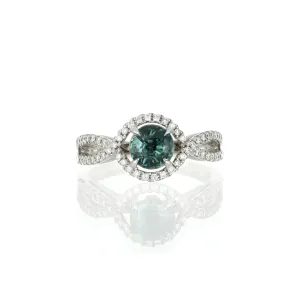 18k White Gold Teal Sapphire and Diamond Ring