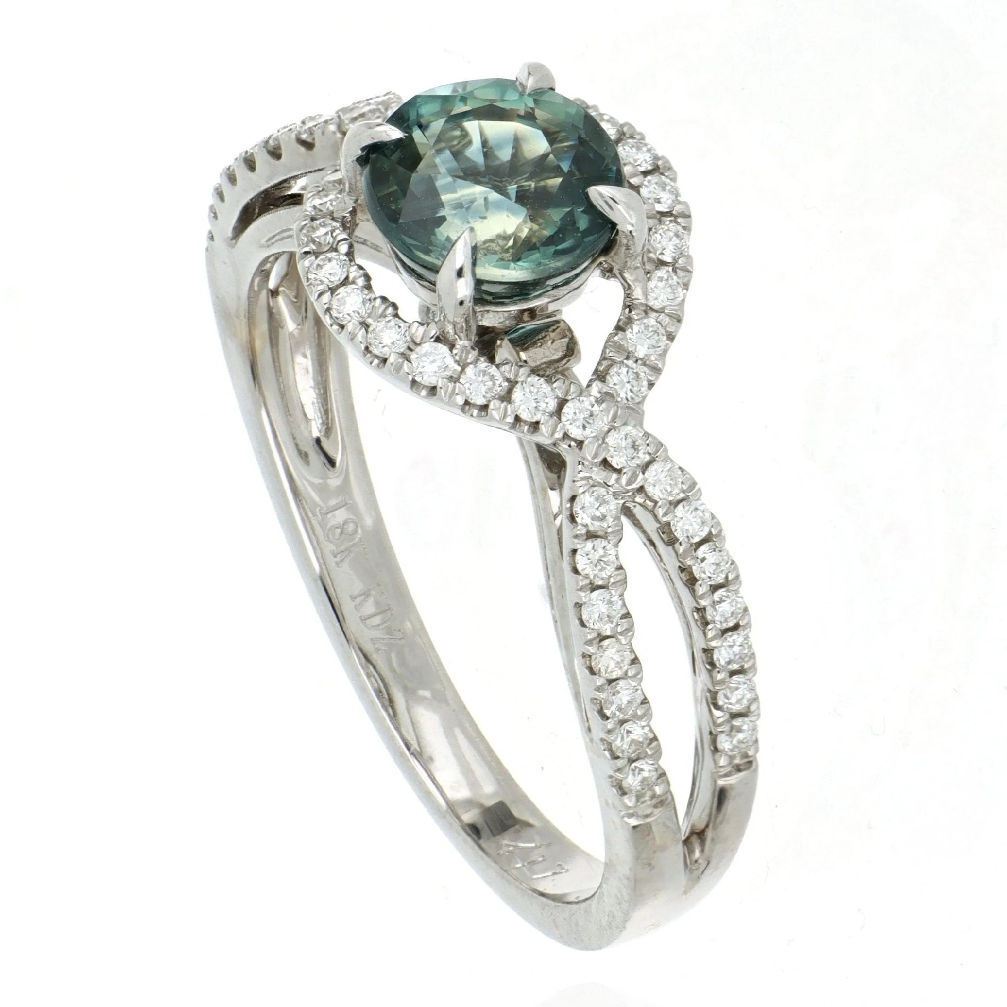 18k White Gold Teal Sapphire and Diamond Ring