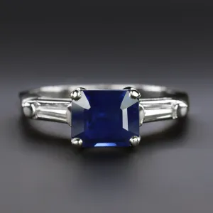 2.15c SAPPHIRE DIAMOND THREE STONE RING PLATINUM ENGAGEMENT ASSCHER CUT COCKTAIL