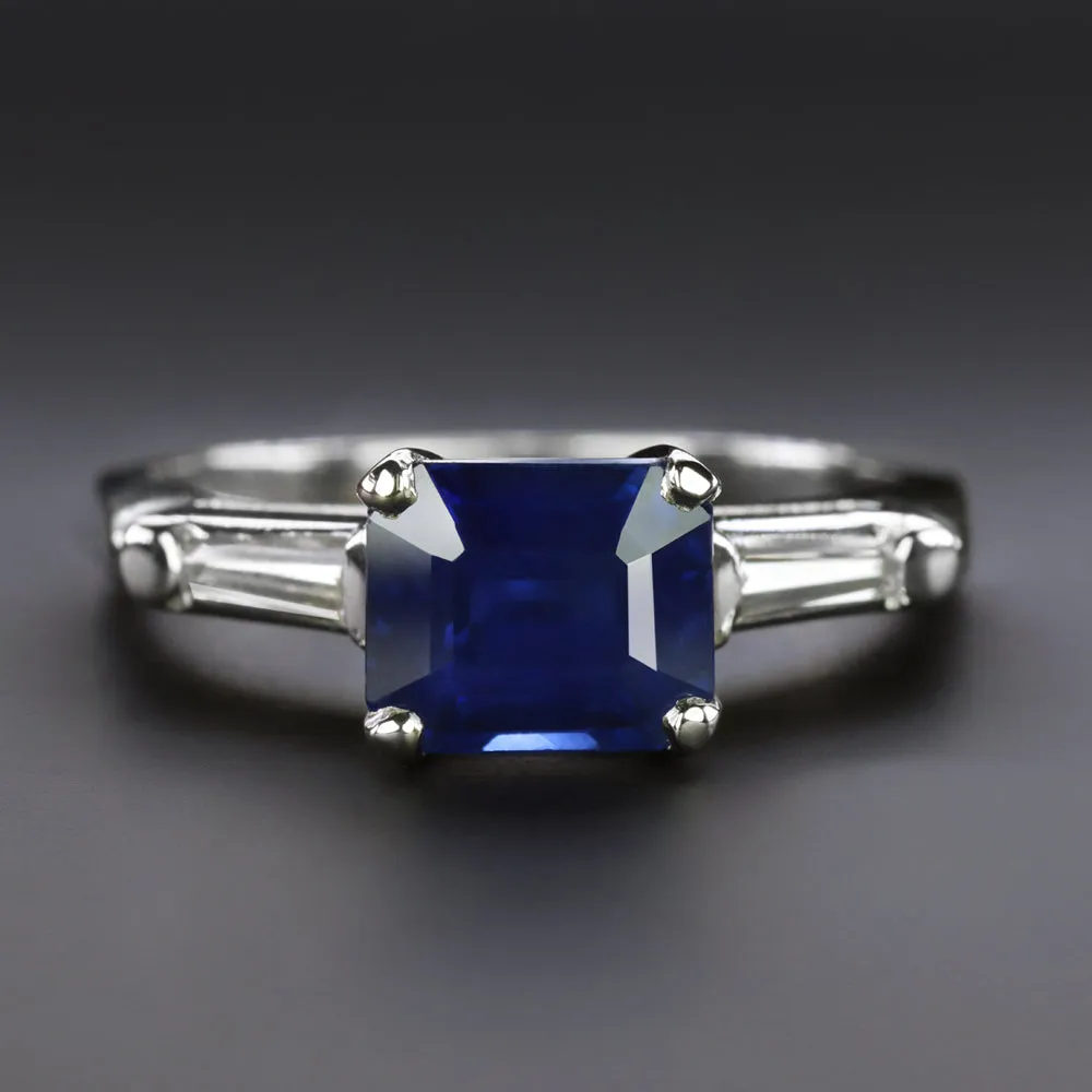 2.15c SAPPHIRE DIAMOND THREE STONE RING PLATINUM ENGAGEMENT ASSCHER CUT COCKTAIL