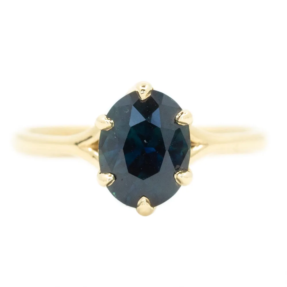 2.34ct Oval Deep Blue Sapphire Six Prong Split Shank Solitaire In 14k Yellow Gold