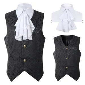 Advbridge Mens Black Victorian Suit Vest Steampunk Gothic Brocade Waistcoat Men Renaissance Costumes Party Halloween Vests With Jabot Tie