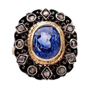 Antique IGI Ceylon No Heat Sapphire and Diamond 18k Yellow Gold Silver Ring