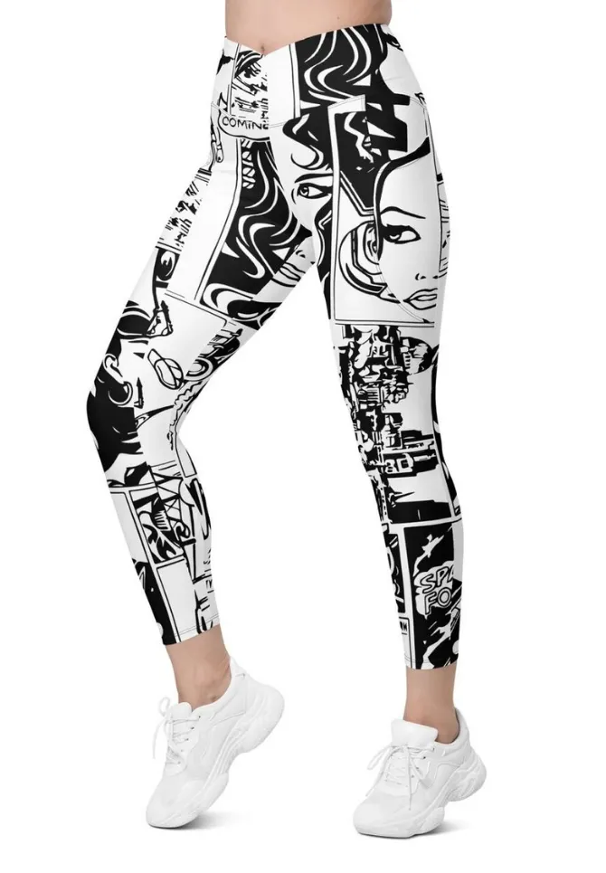 Black & White Comic Book Crossover Leggings With Pockets