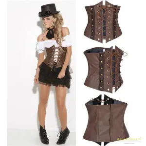 Brown Steampunk Gothic Leather Corset - Victorian Underbust Waist Cincher Bustier Pirate Costume