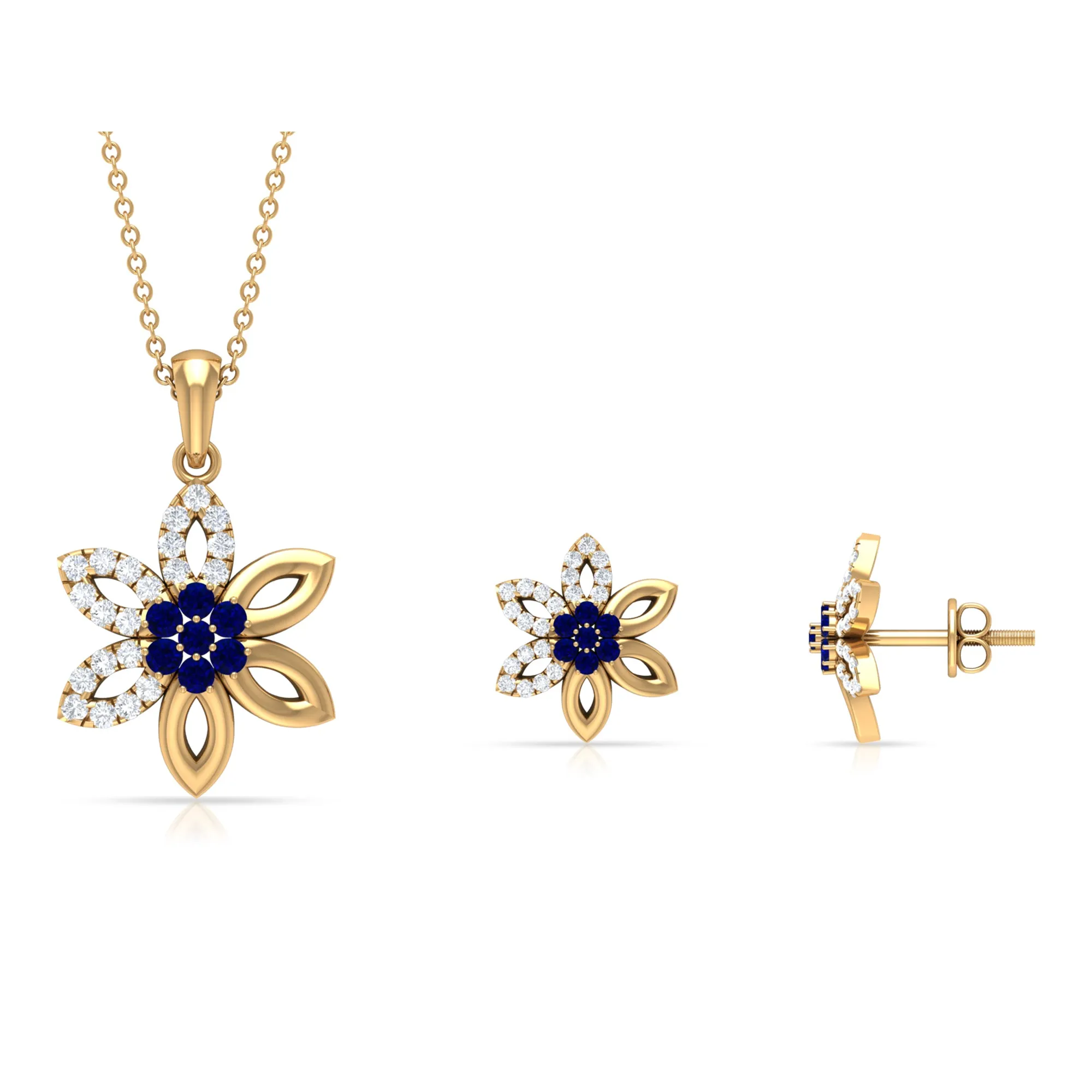 Created Blue Sapphire Flower Jewelry Set with Diamond