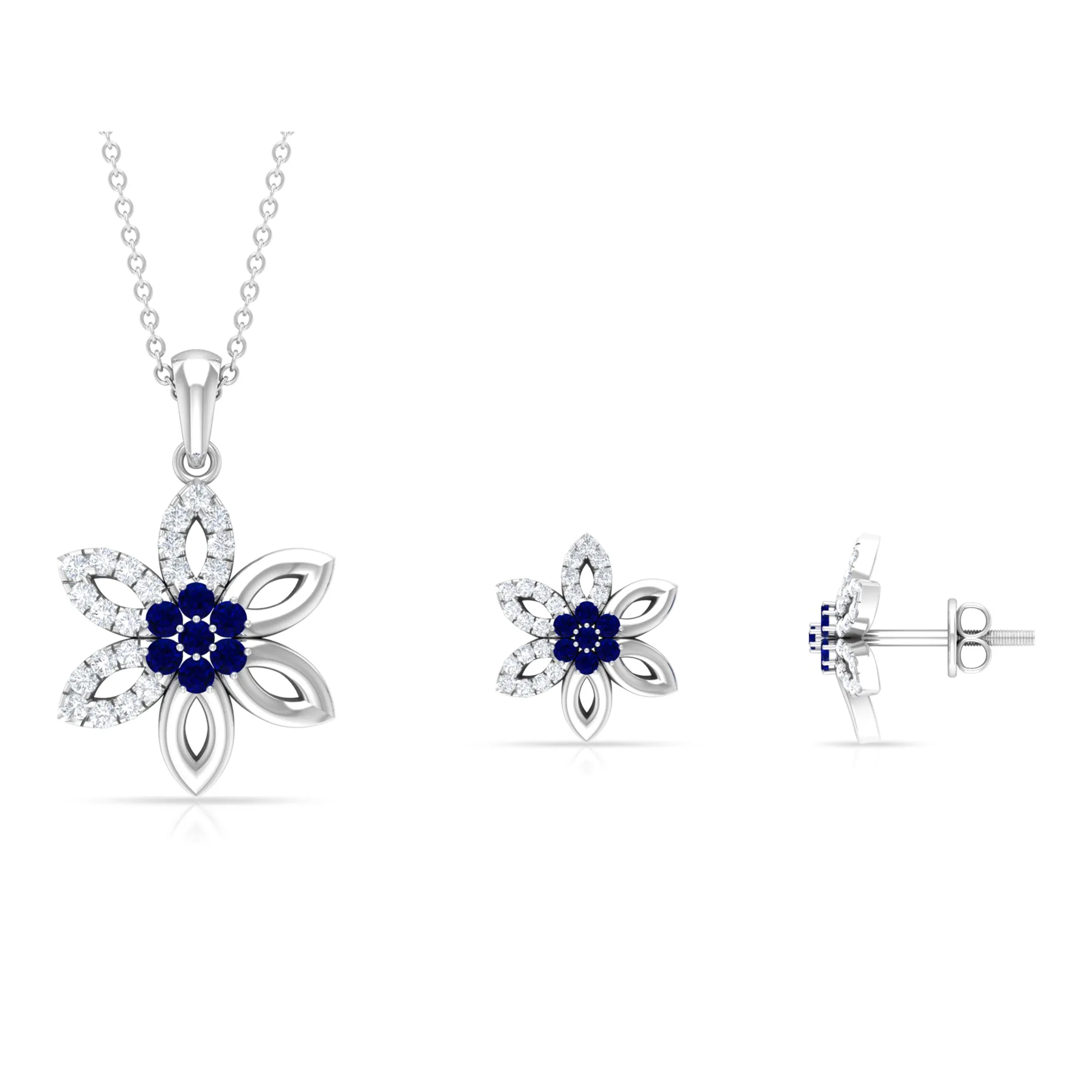 Created Blue Sapphire Flower Jewelry Set with Diamond