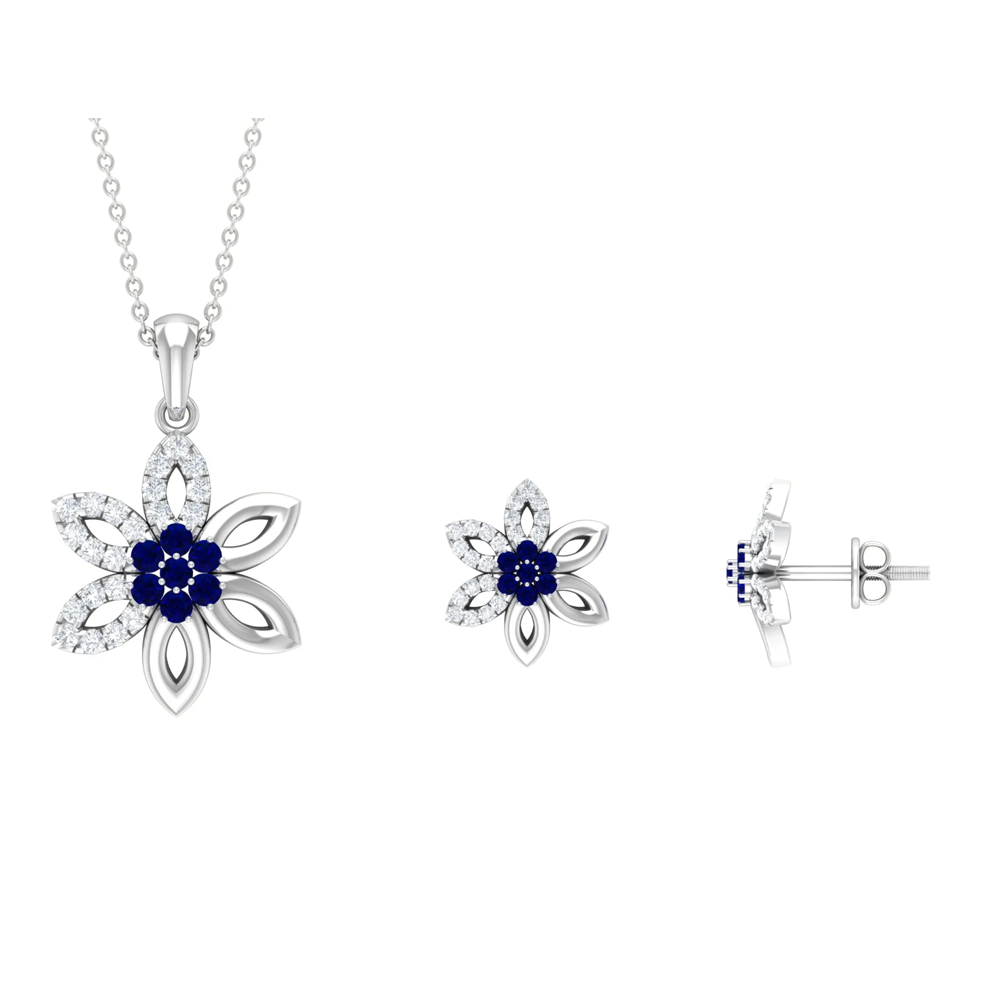 Created Blue Sapphire Flower Jewelry Set with Diamond