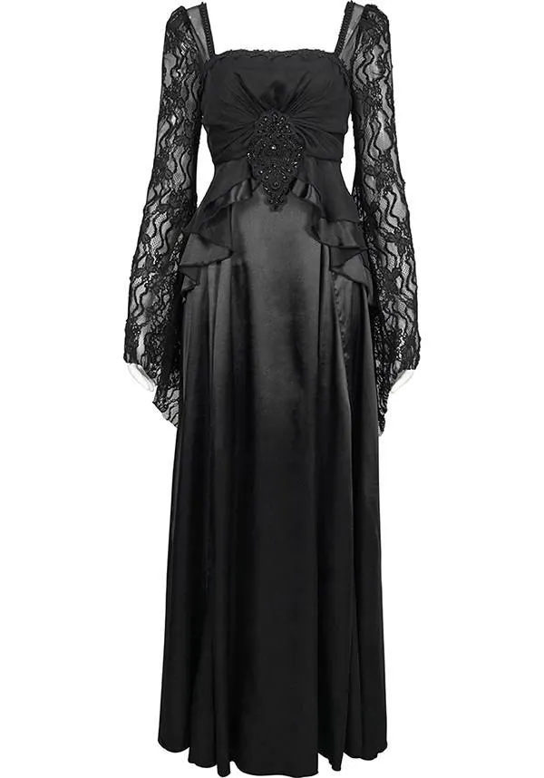 Devil Fashion Gothic Victorian Lace Sleeve Maxi Dress - Black with Empire Waist and Beaded Detail