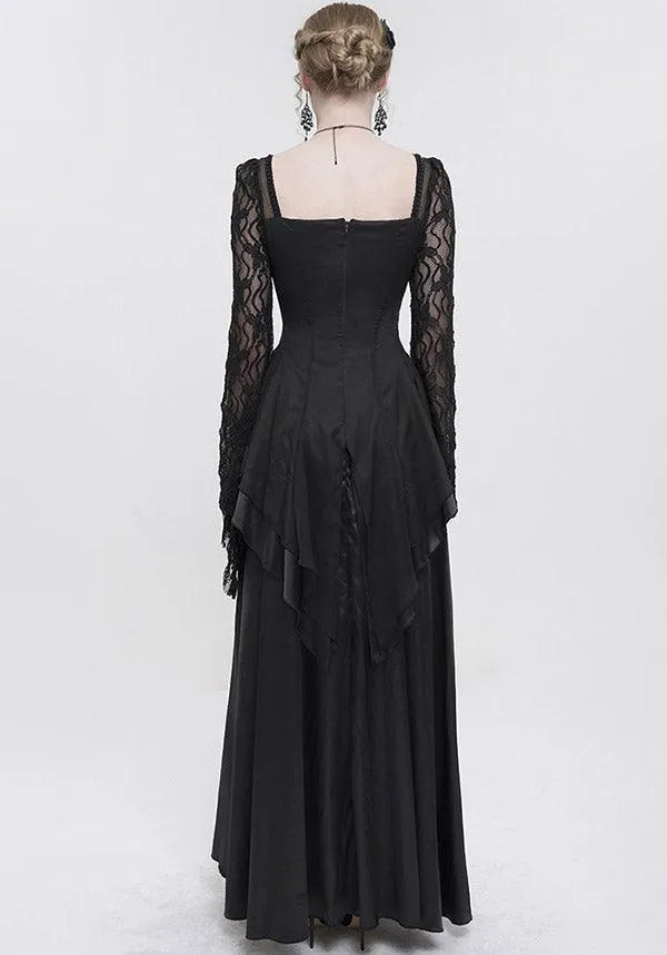 Devil Fashion Gothic Victorian Lace Sleeve Maxi Dress - Black with Empire Waist and Beaded Detail