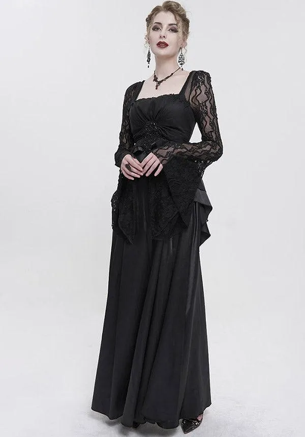 Devil Fashion Gothic Victorian Lace Sleeve Maxi Dress - Black with Empire Waist and Beaded Detail