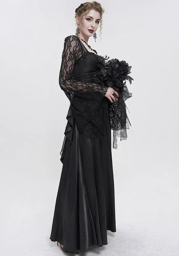 Devil Fashion Gothic Victorian Lace Sleeve Maxi Dress - Black with Empire Waist and Beaded Detail