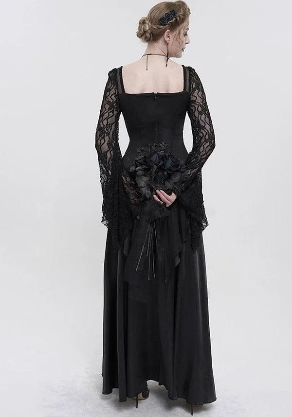 Devil Fashion Gothic Victorian Lace Sleeve Maxi Dress - Black with Empire Waist and Beaded Detail