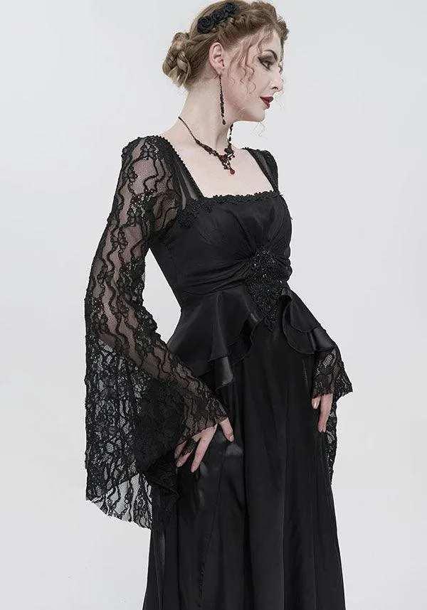 Devil Fashion Gothic Victorian Lace Sleeve Maxi Dress - Black with Empire Waist and Beaded Detail