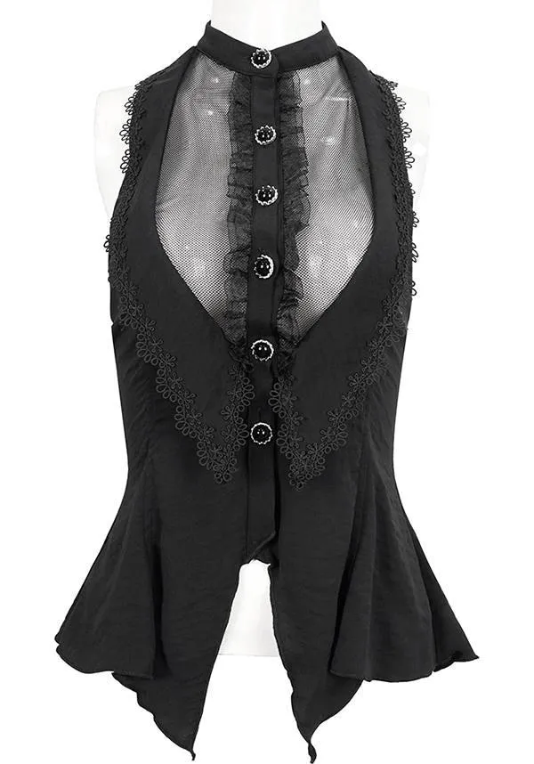 Devil Fashion Gothic Victorian Mesh Panel Blouse - Black with Lace Trim and Metal Buttons