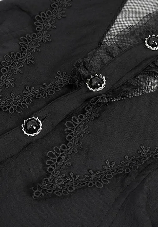 Devil Fashion Gothic Victorian Mesh Panel Blouse - Black with Lace Trim and Metal Buttons