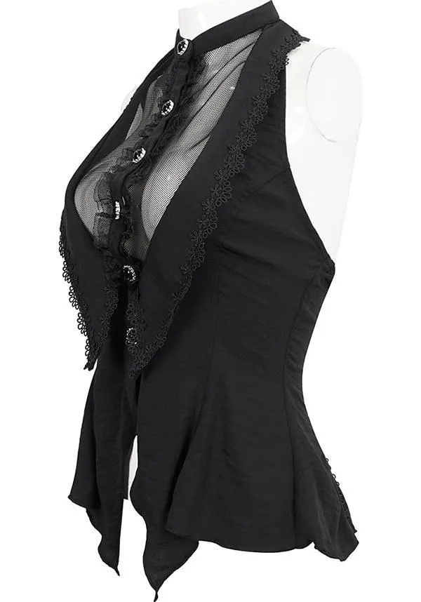 Devil Fashion Gothic Victorian Mesh Panel Blouse - Black with Lace Trim and Metal Buttons