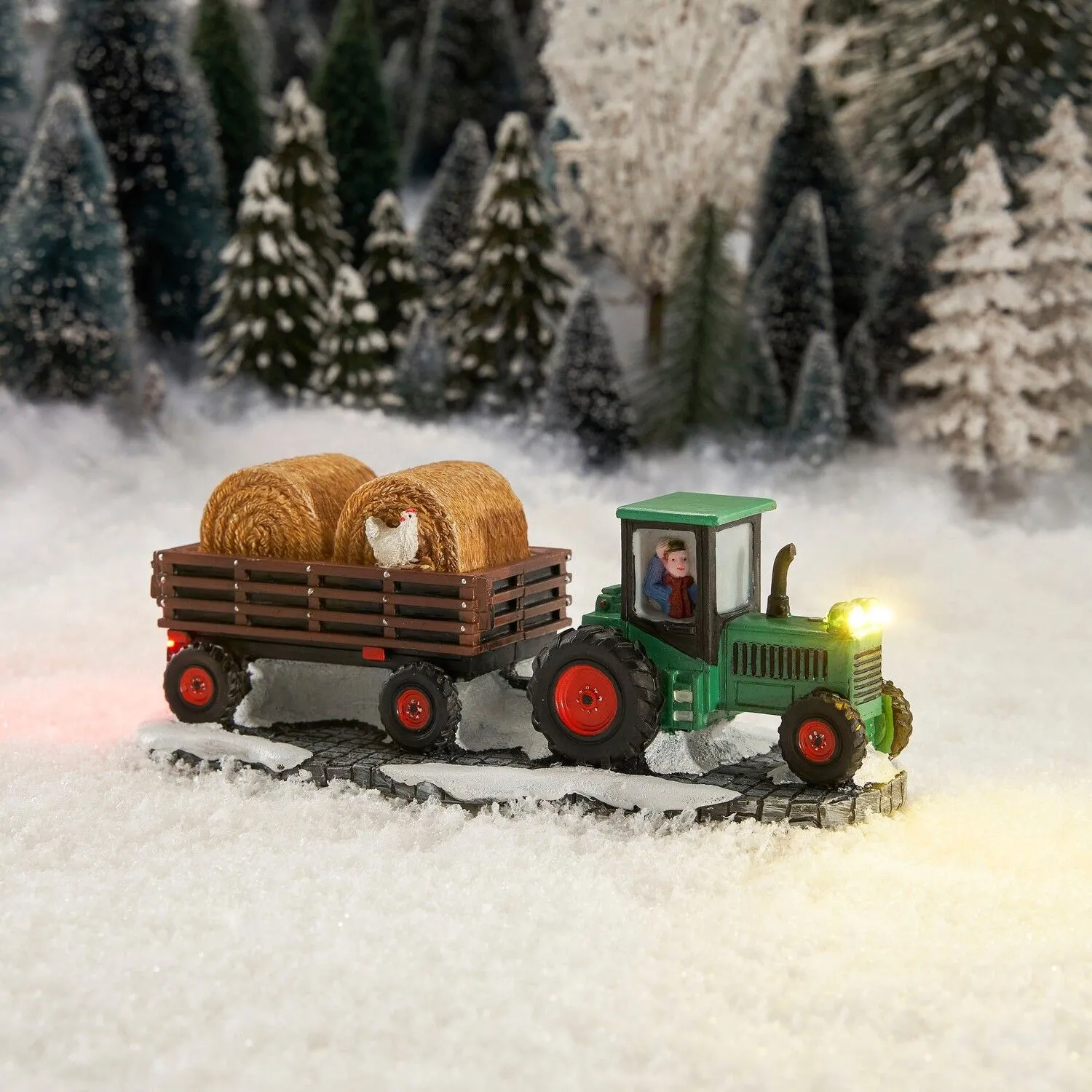 Edelman 20cm Snow Covered Tractor Scene: Farmer with Hay Bales and Chicken on Trailer