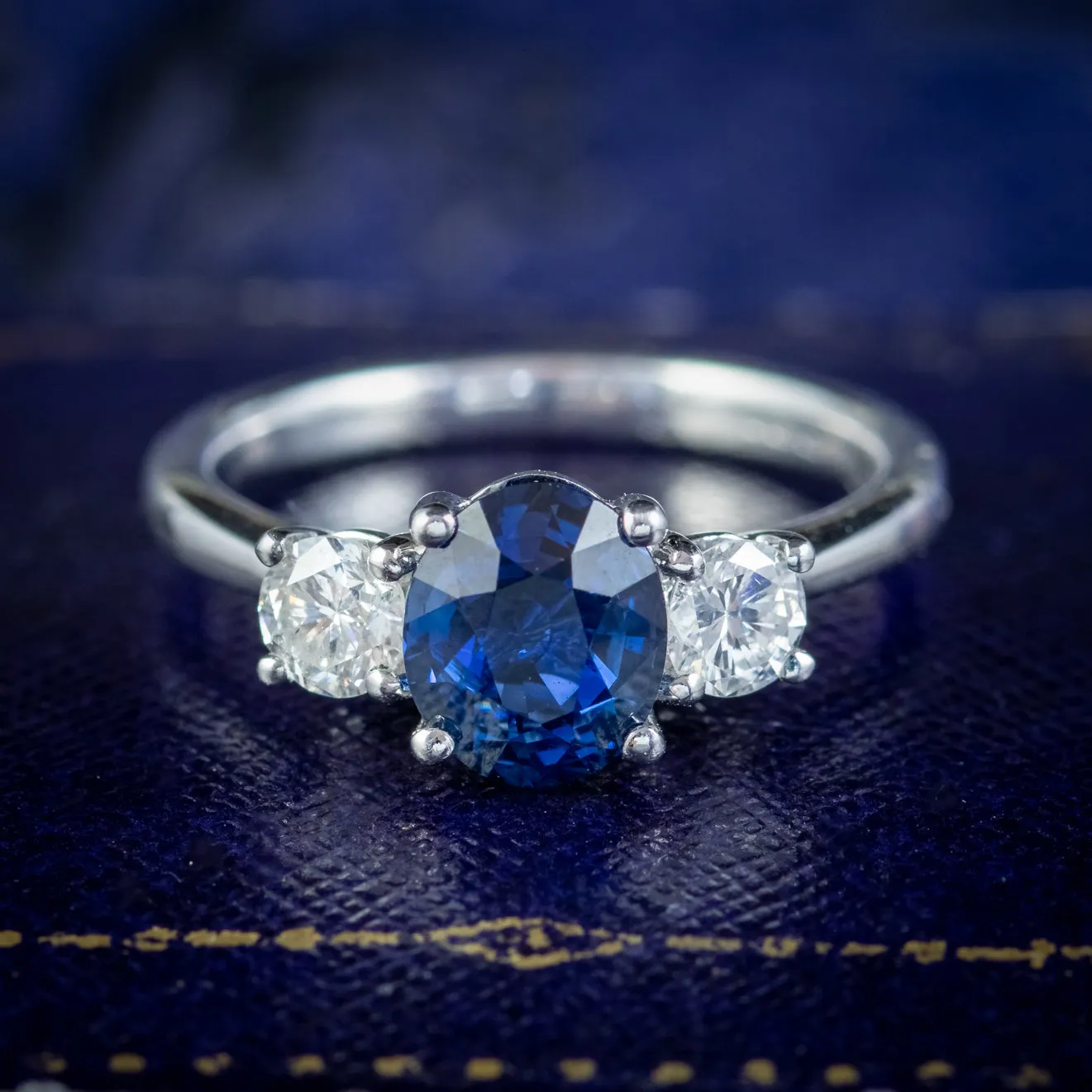 Edwardian Style Natural Sapphire Diamond Trilogy Engagement Ring 18ct Gold 1.73ct Sapphire Cert