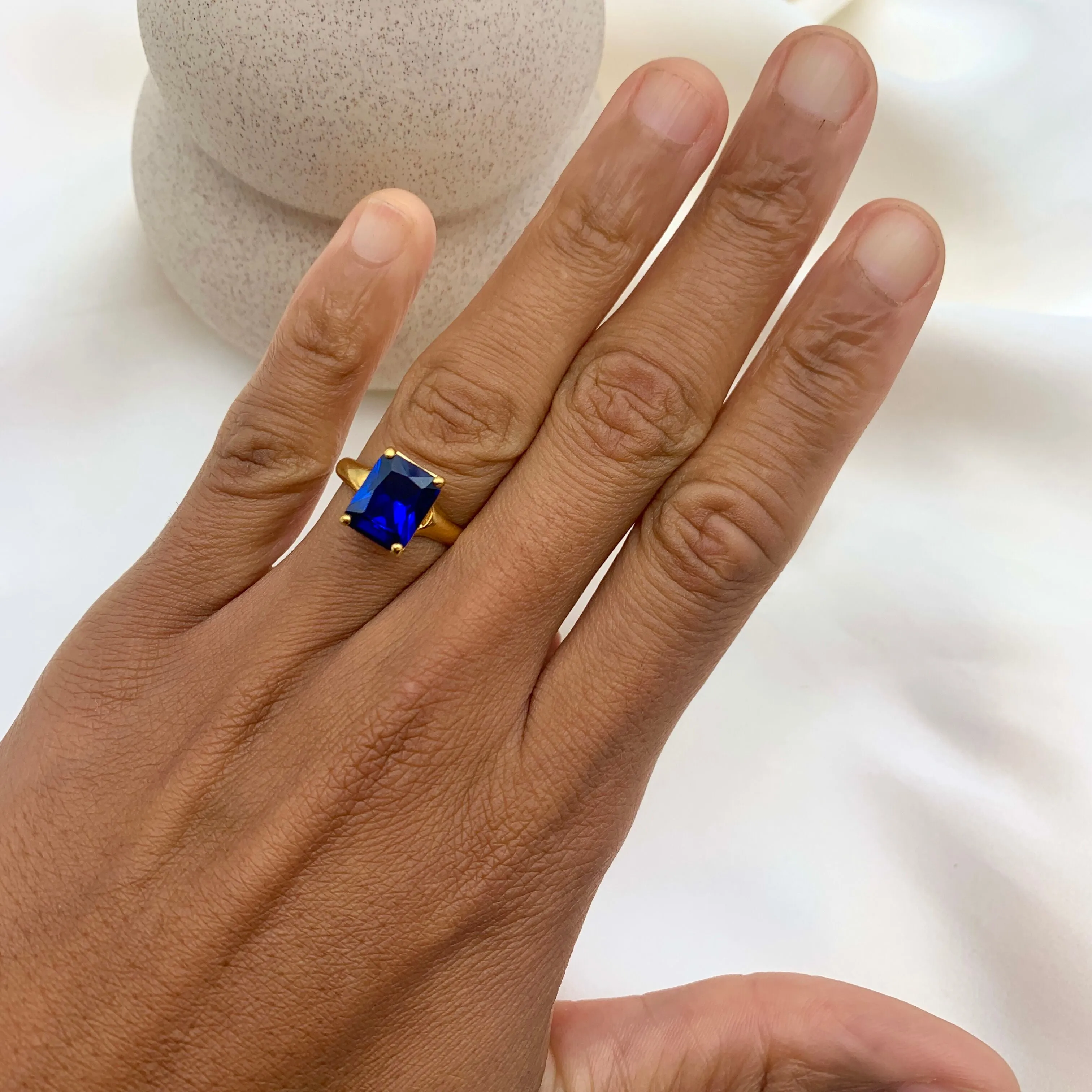 Gold Sapphire Ring - Blue Square Ring - Solitaire Sapphire Ring