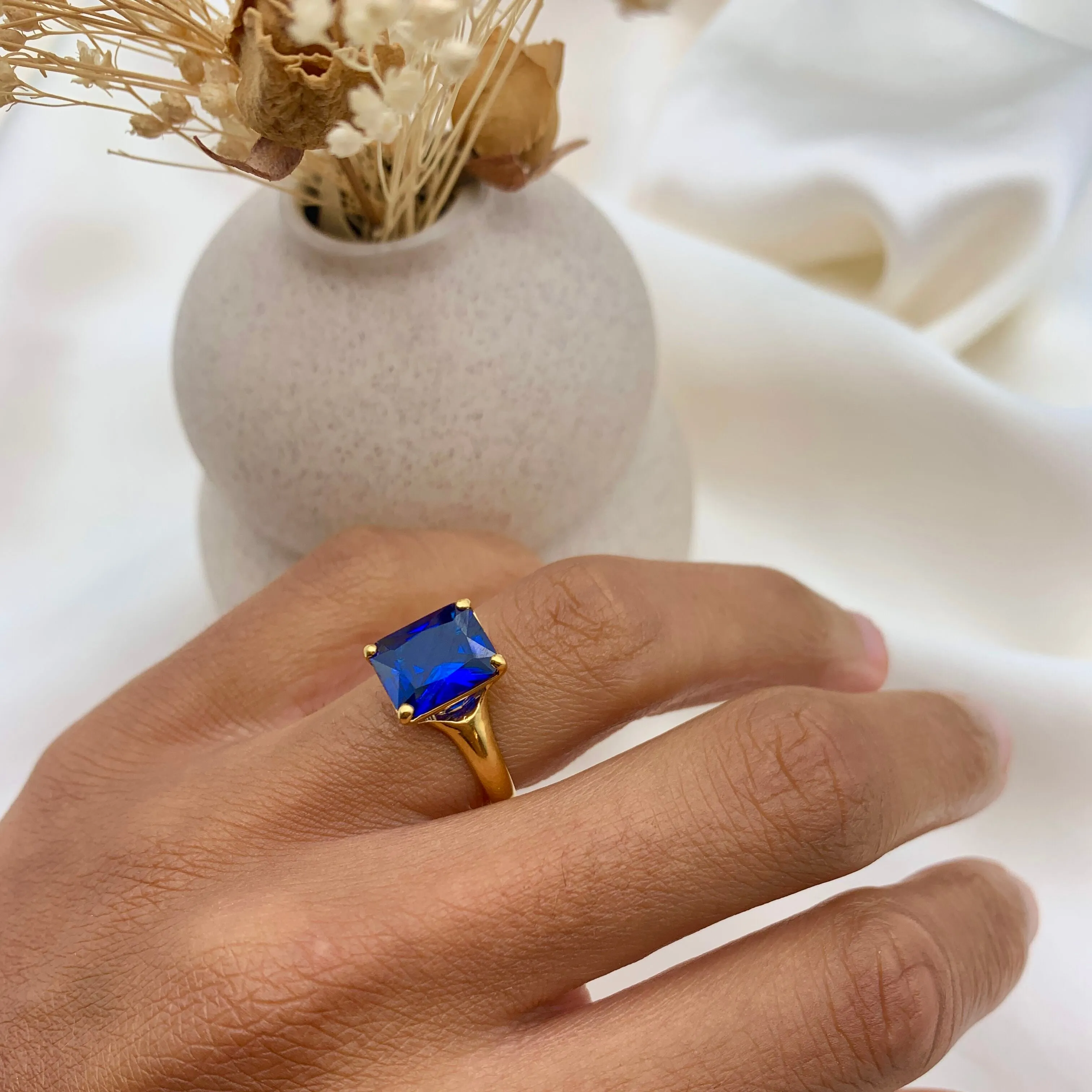 Gold Sapphire Ring - Blue Square Ring - Solitaire Sapphire Ring