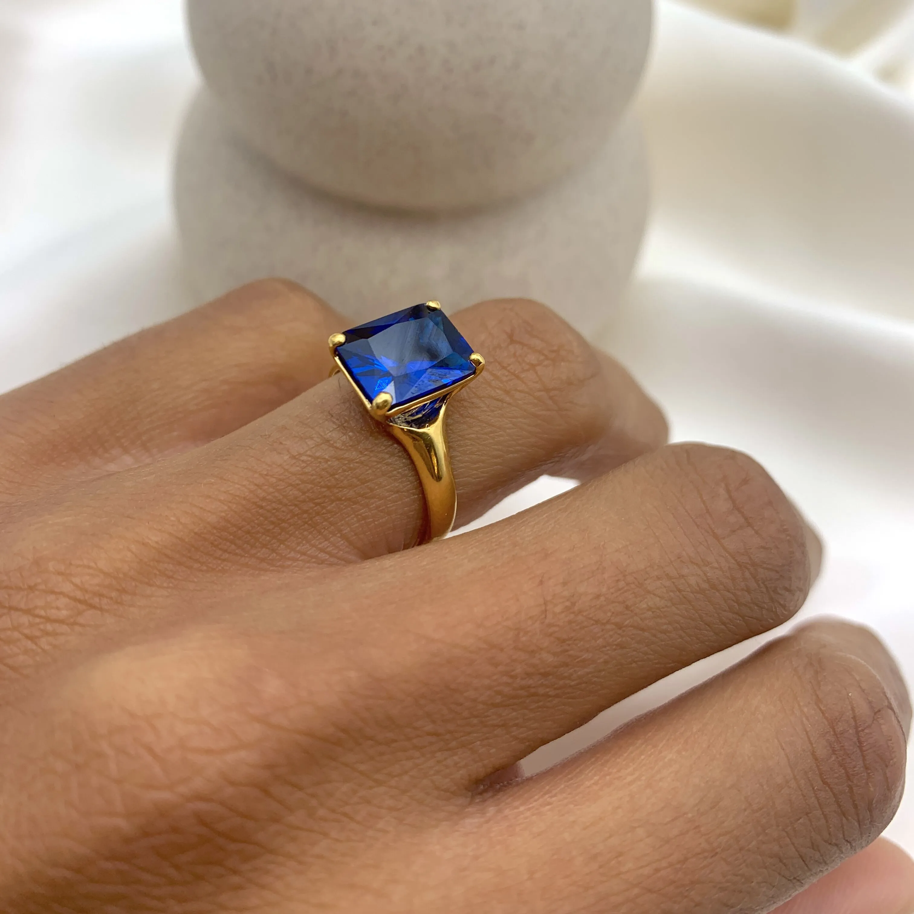 Gold Sapphire Ring - Blue Square Ring - Solitaire Sapphire Ring