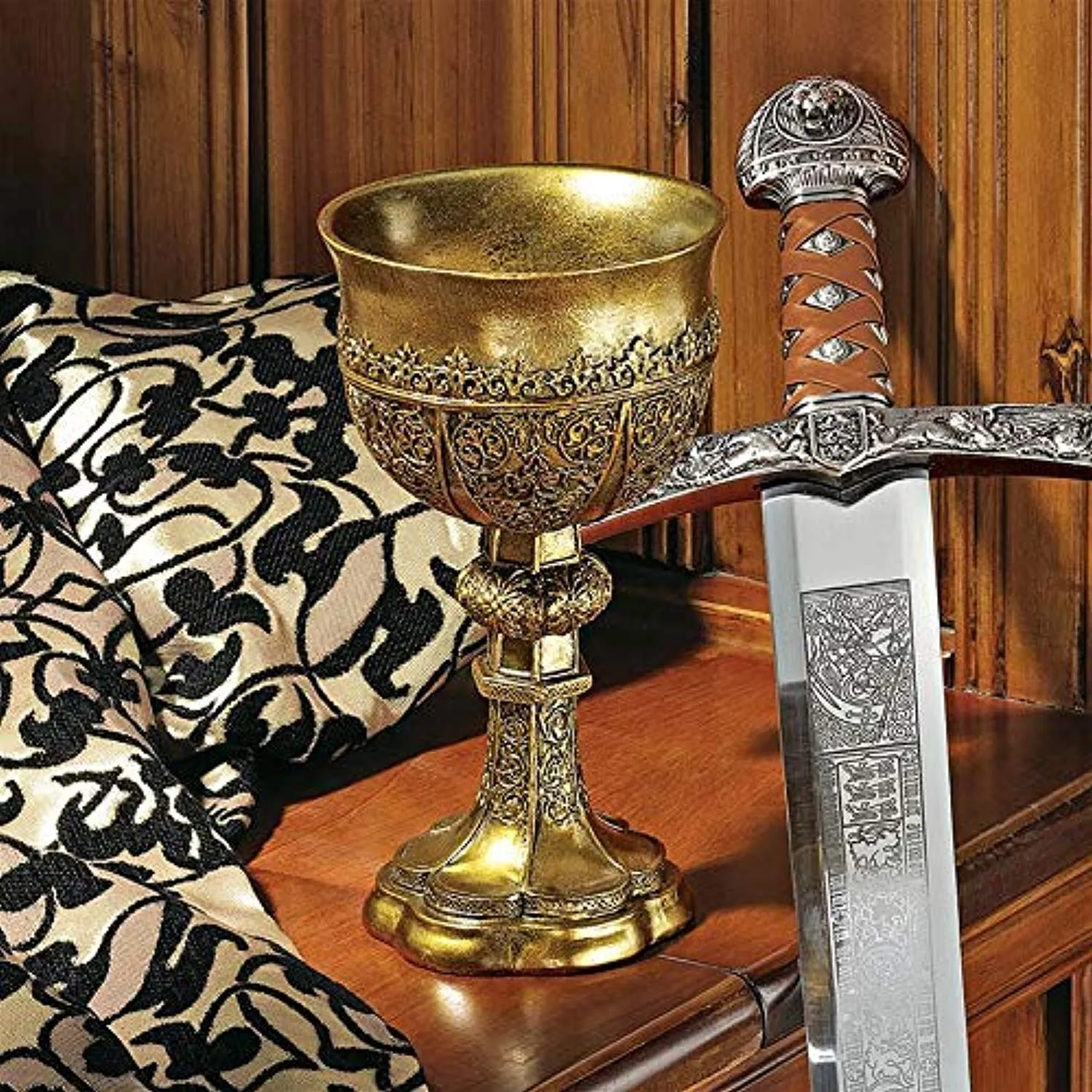 Golden Chalice of King Arthur Medieval Decor Gothic Goblet Sculpture