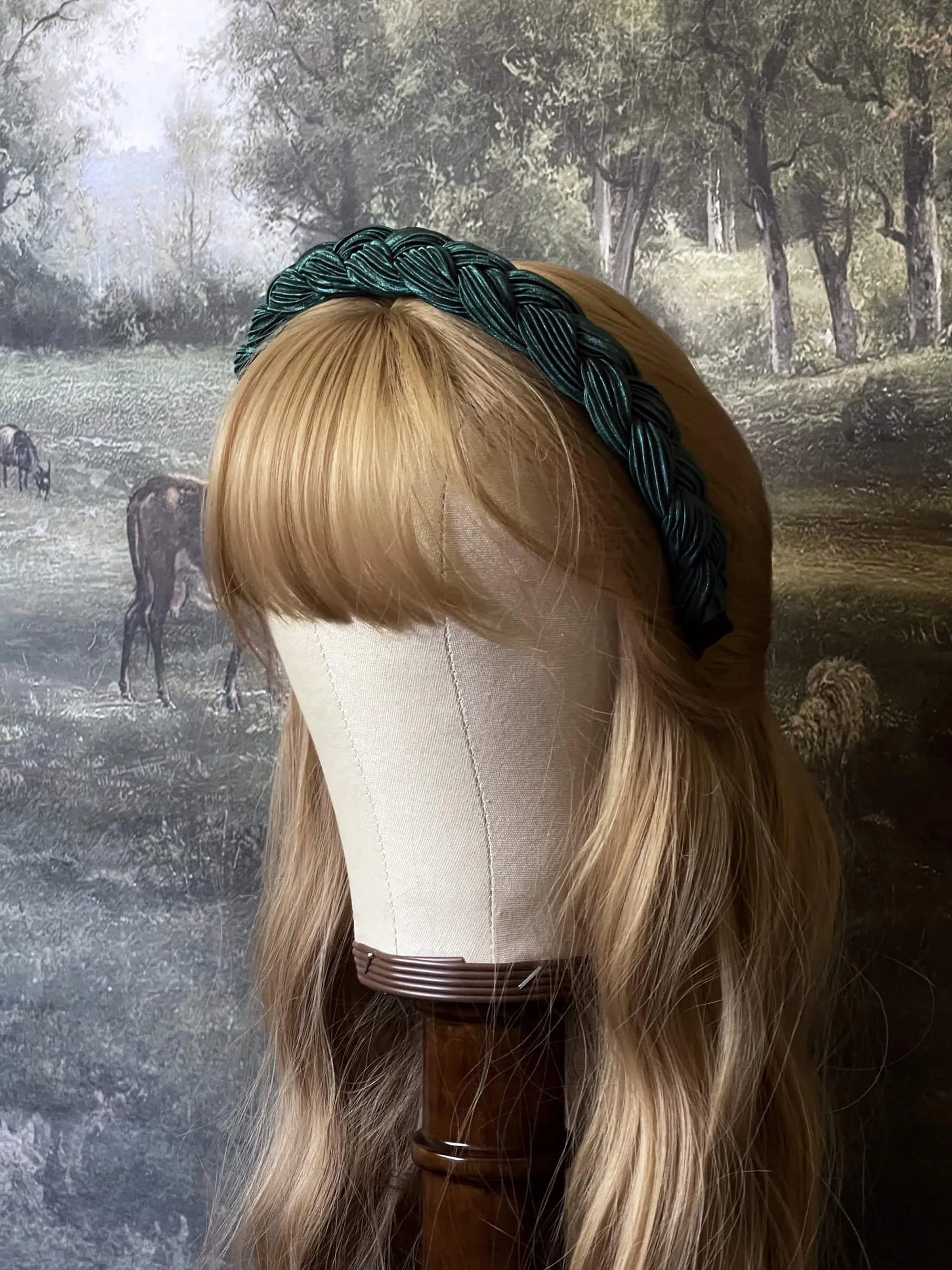 Historically Inspired Braided Crepe Headband in Forest Green