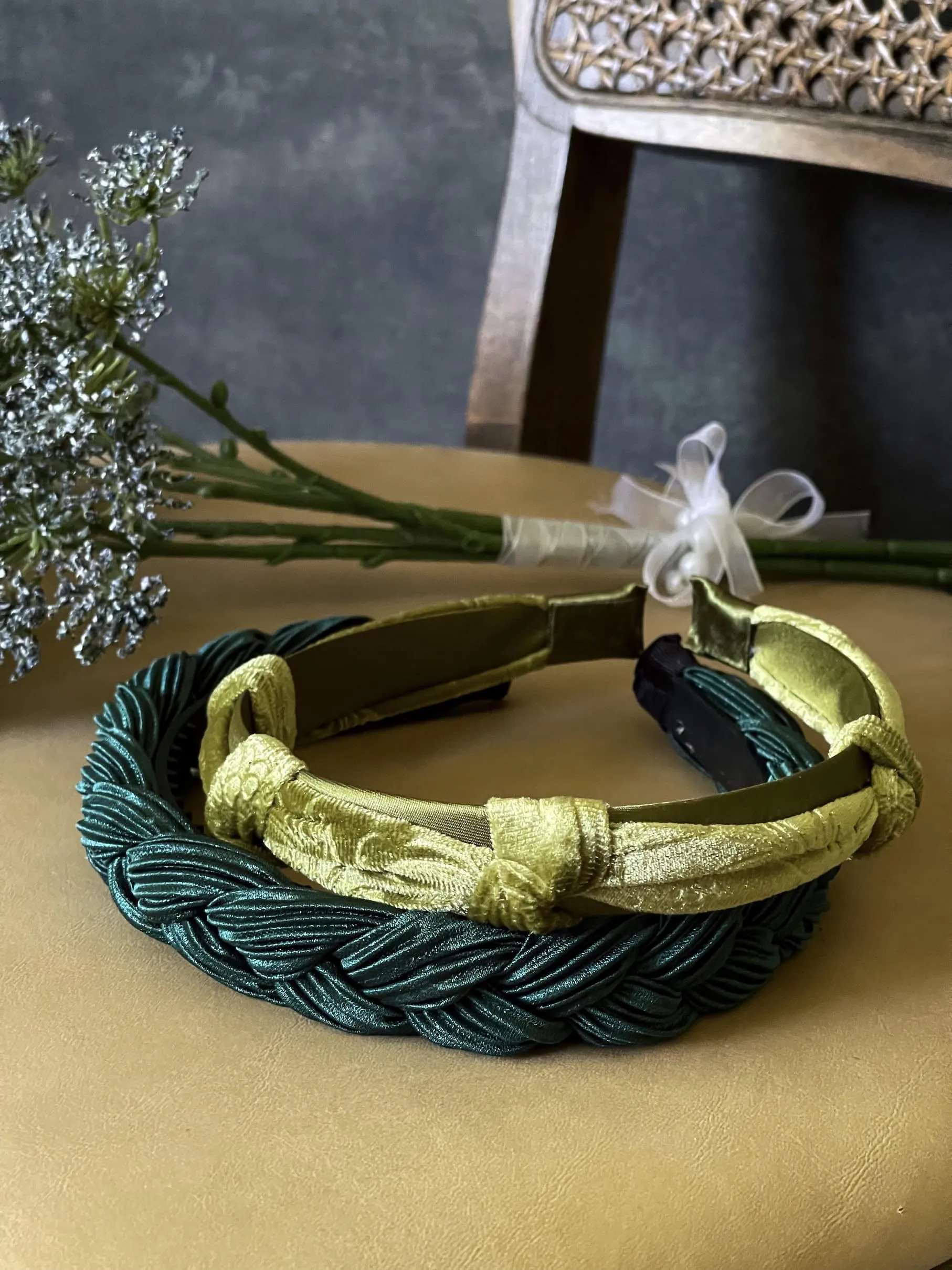 Historically Inspired Braided Crepe Headband in Forest Green