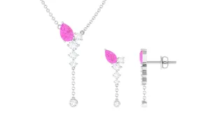 Minimal Pink Sapphire Dangle Necklace and Earrings Set with Diamond