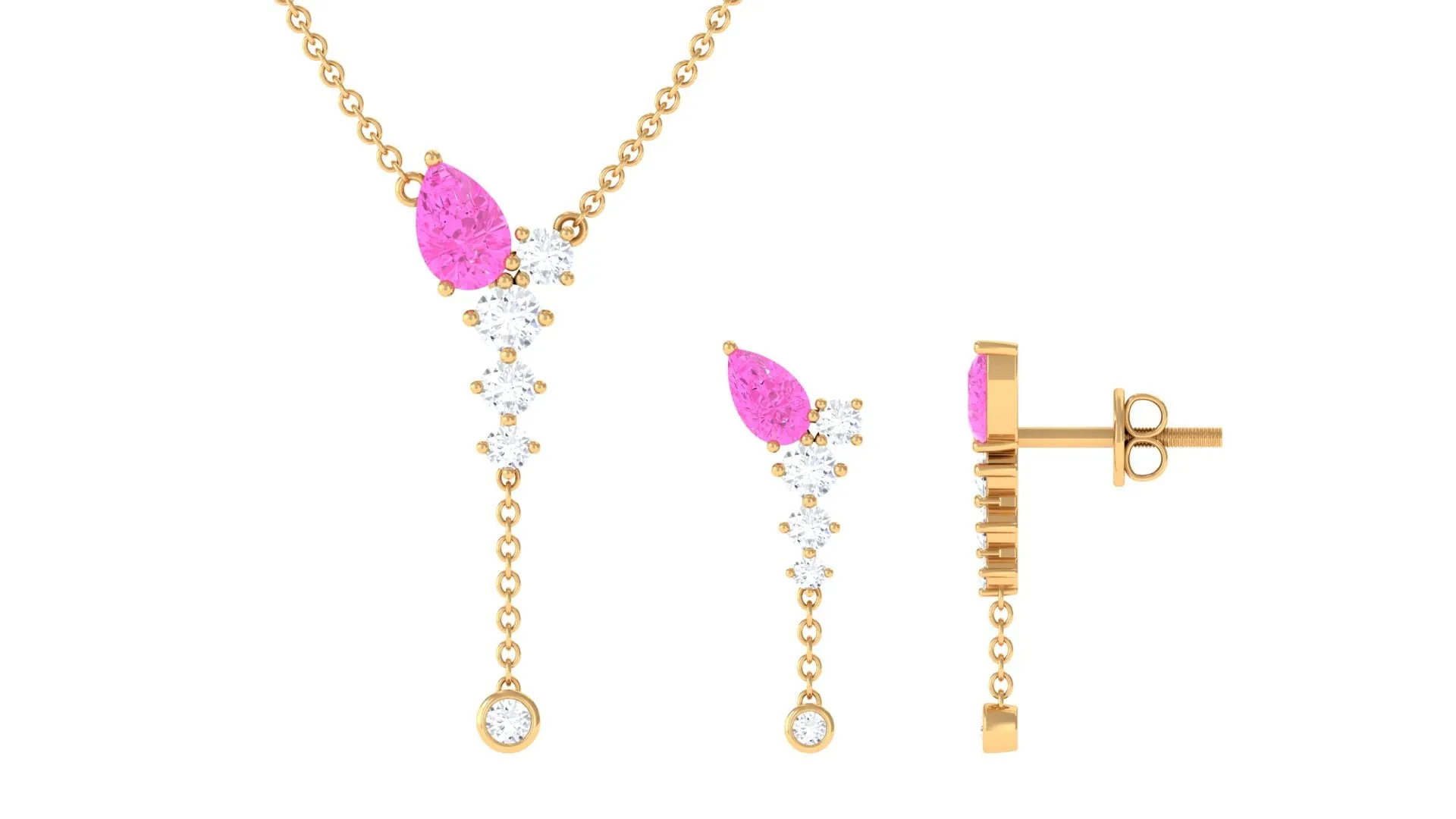 Minimal Pink Sapphire Dangle Necklace and Earrings Set with Diamond