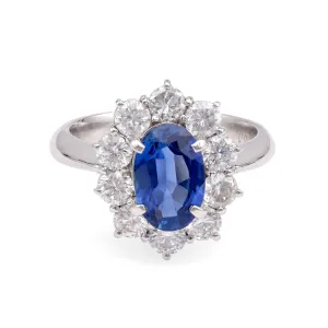 Modern Platinum Sapphire & Diamond Halo Ring